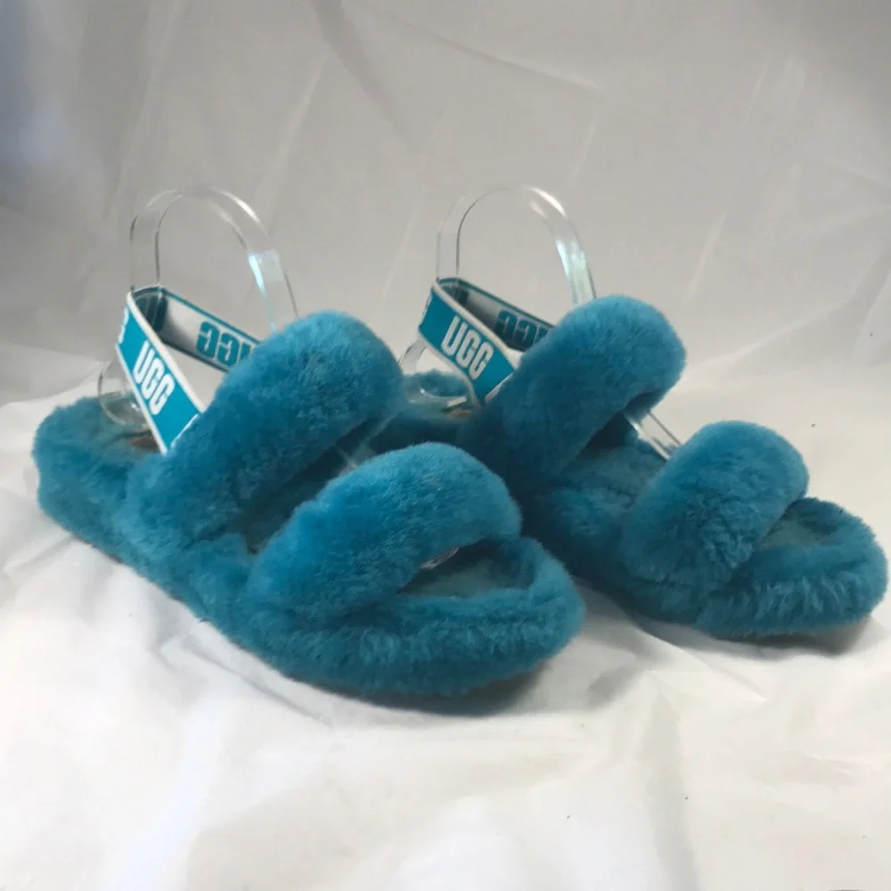 UGG Women’s Oh Yeah Teal Blue Fuzzy Platform Strappy  Logo  Shoe Slippers